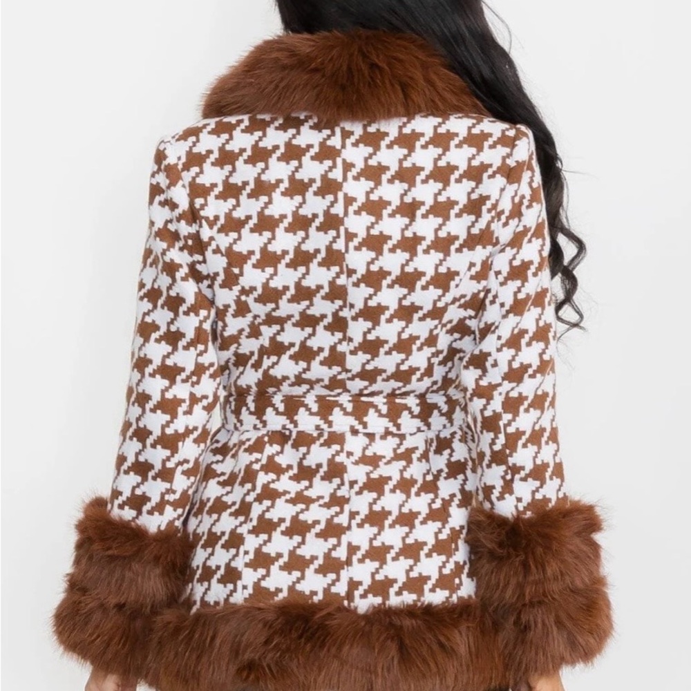 Brown and White Houndstooth Faux Fur Trim Coat - Picture 5 of 5